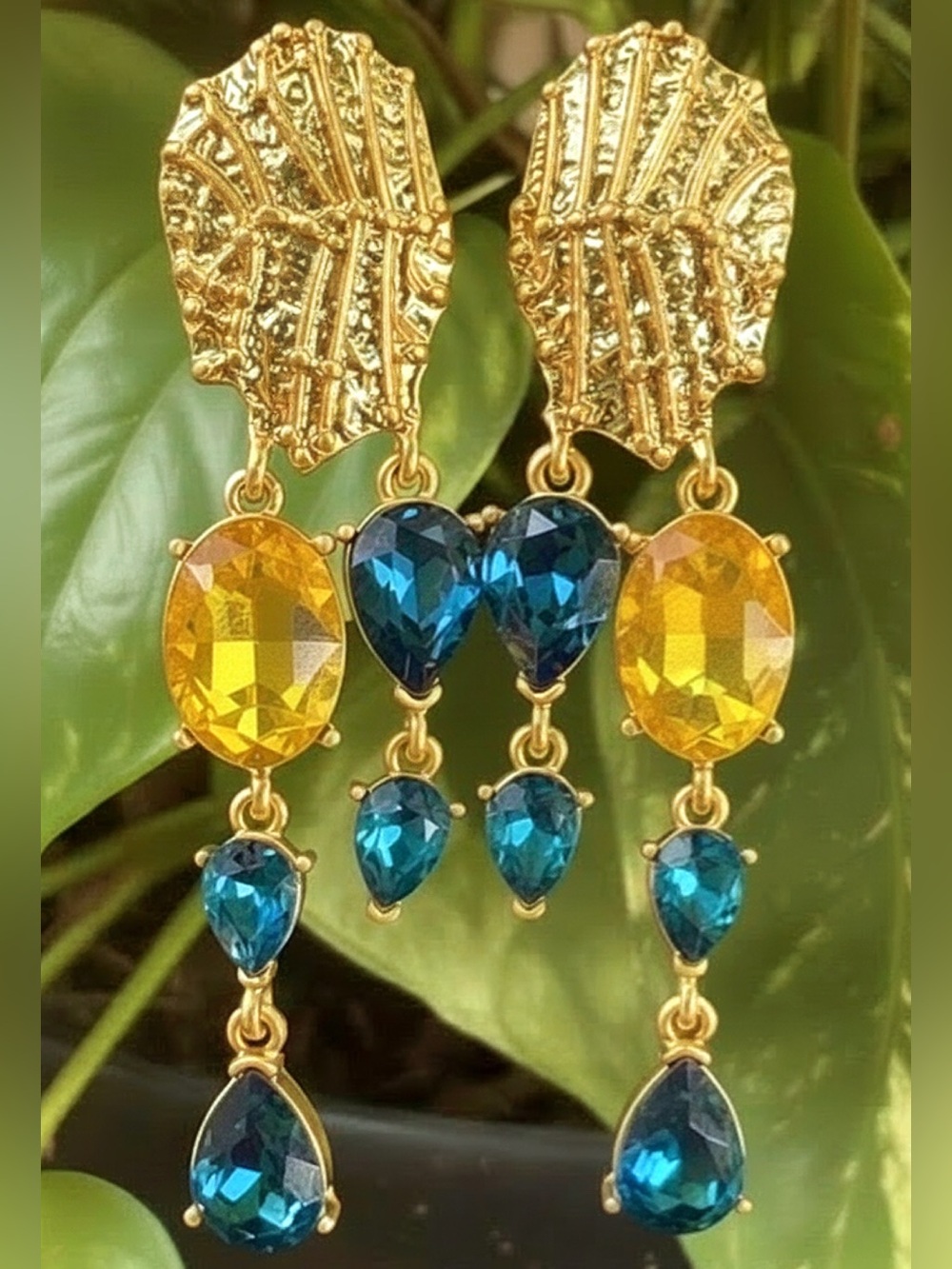 Oscar de la Renta Gold Tone Drop Earrings Citrine /Capri Blue Crystals⭐️ CLIP ON - Picture 3 of 12